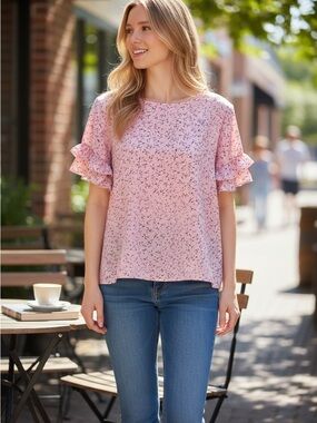Lane Bryant Pink Floral Ruffle Sleeve Blouse